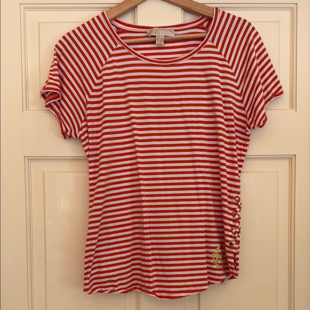 MICHAEL Michael Kors White and Orange Fitted Short Sleeve Tee